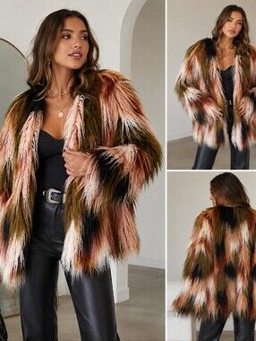 Multi-Color Faux Fur Coat - Brown, Black, White, Rust Festival Boho Indie sleaze